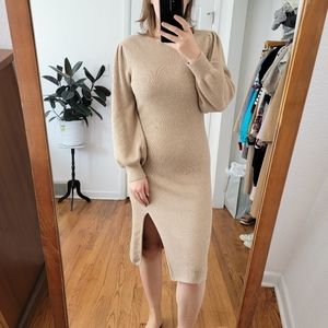 Abercrombie & Fitch Puff Sleeve Tan Midi Ribbed Sweater Dress Large